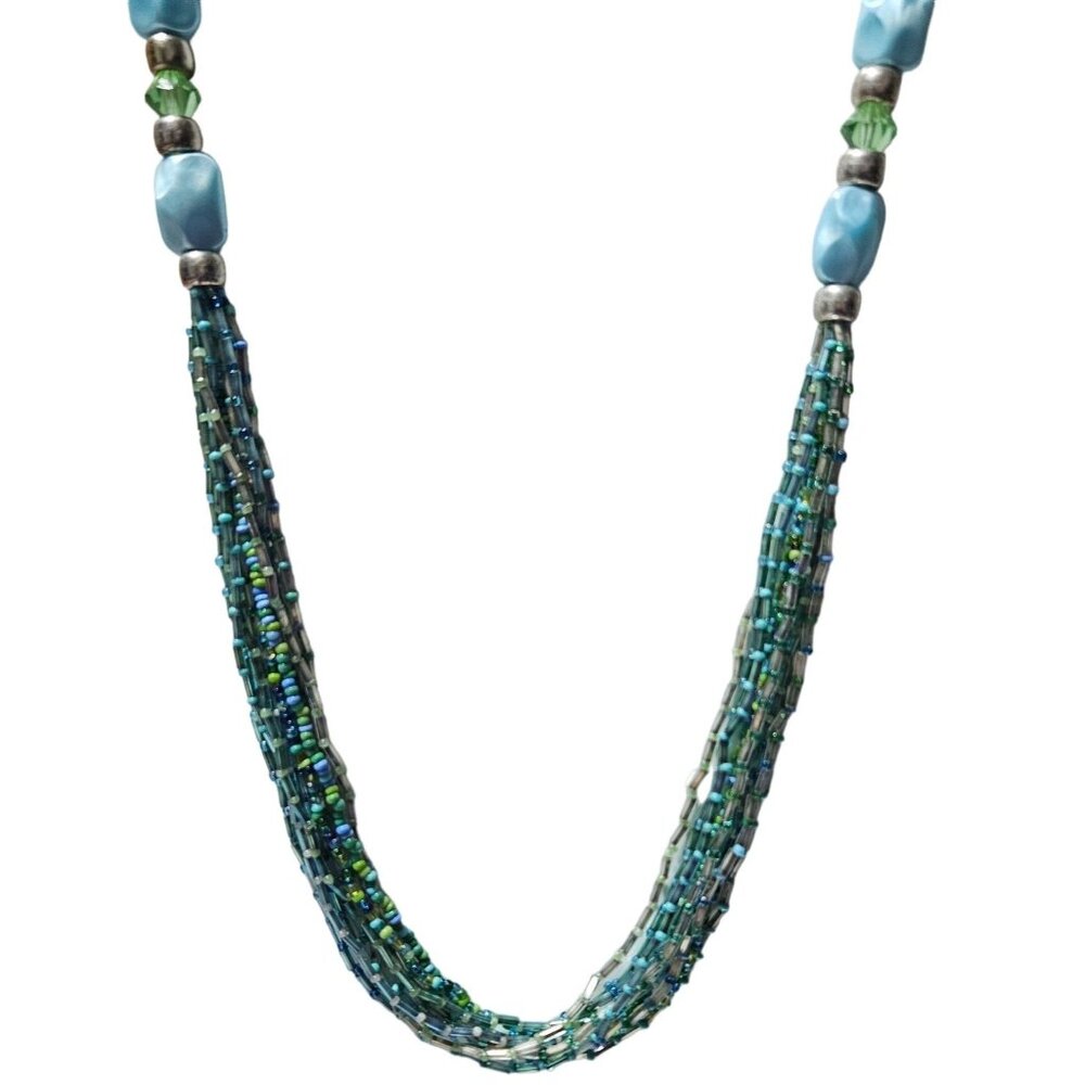 Handmade Boho Blue Seed Beaded Multi Strand Chunky Necklace Retro Fashion